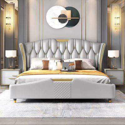 satın al Özelleştirilmiş King Size Yatak Odası Mobilyası Deri Masif Ahşap Yatak online manufacture
